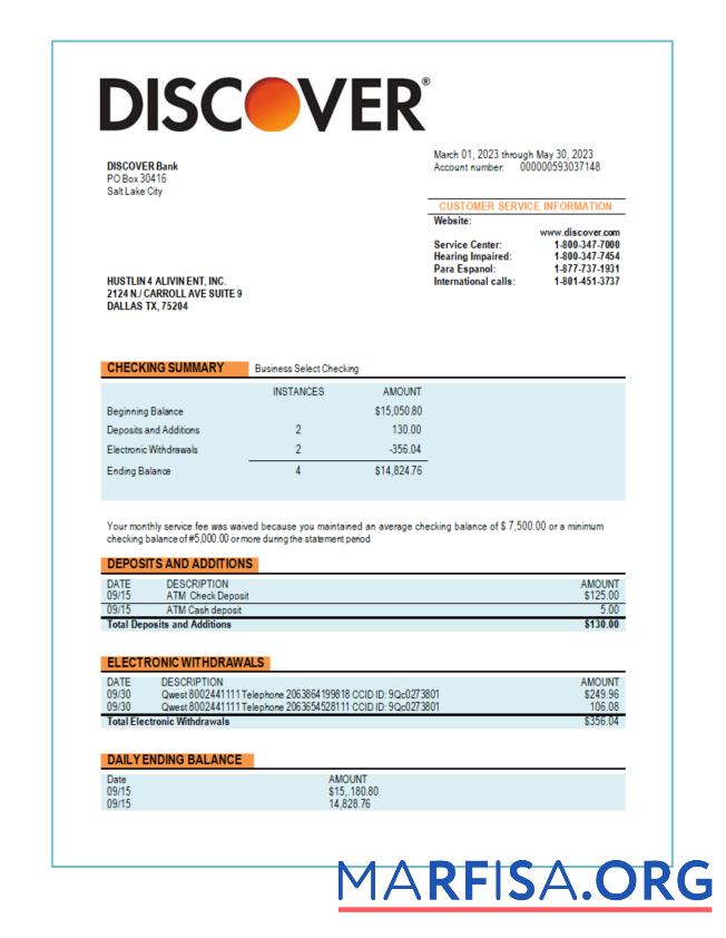 Downloadable Discover Bank business statement Word and PDF template
